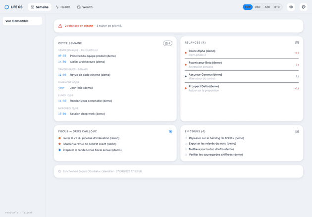 The week view: calendar, follow-ups, focus items and open todos, aggregated from an ICS file and my notes vault